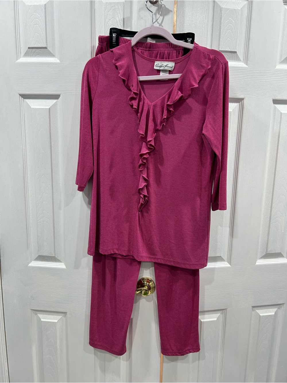 Carolyn Strauss Ruffled V-Neck Pantsuit - Fuchsia